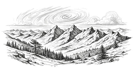 Fototapeta premium Monochromatic alpine mountain range vista with swirling cloud illustration