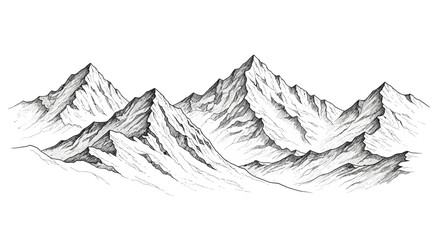 Monochromatic mountain range illustration with detailed line work effect