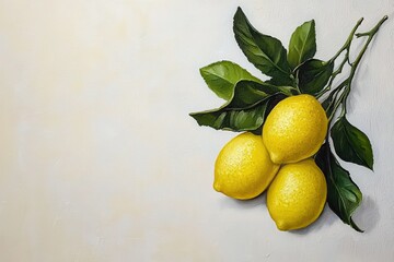 Three Yellow Lemons with Green Leaves on a Textured White Background Still Life