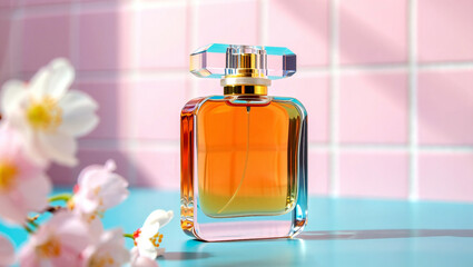 Luxury perfume bottle Mockup with delicate floral blossoms against a soft, pastel background