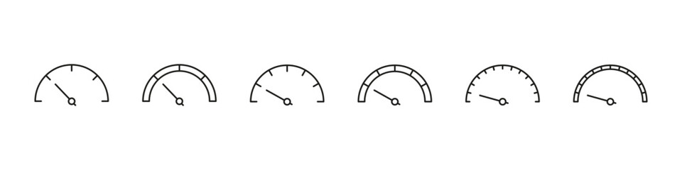 Speedometer icon. Meter score vector set. Gauge line limit scale.  Score measurement level meter. Black line design. High indicator sign.