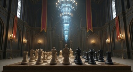 Chessboard with ornate pieces in grand hall