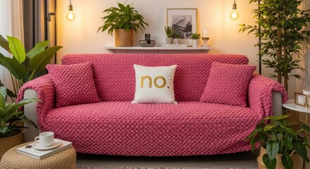 Cozy living room interior with pink sofa and green plants