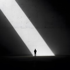 A lone silhouette of a person stands in a vast, dark space illuminated by a single, dramatic beam of light.