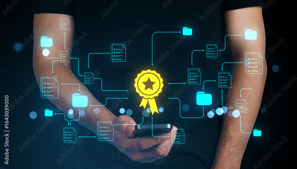 Poster businessman holding smartphone with digital certificate and connected document icons representing se