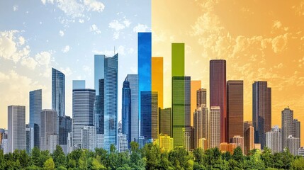 Obraz premium Vibrant Cityscape at Dawn and Dusk Colorful Skyscrapers and Green Trees