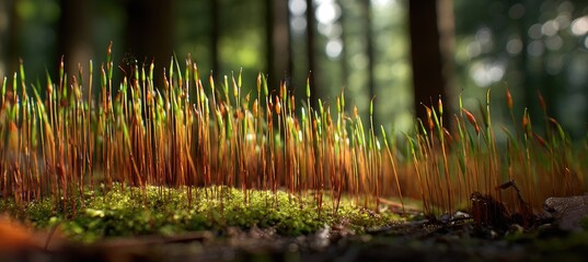 Tiny sprouts emerging from moss in forest floor