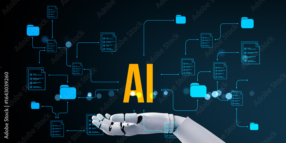 Poster futuristic robotic hand supporting artificial intelligence with digital files and folders representi