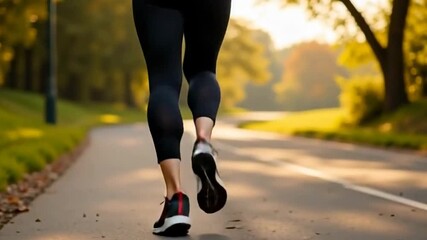A person jogs down a sunlit path surrounded by lush greenery, with focus on their legs and running shoes.