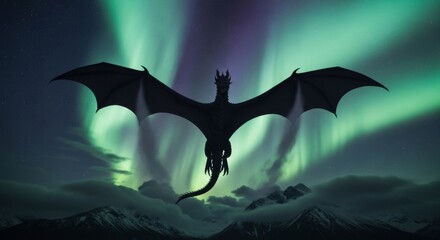 Dragon silhouette against northern lights sky