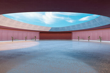Futuristic circular open-roof space with minimalistic design, pink walls, glass panels, and sky view through large central skylight. 3D Rendering
