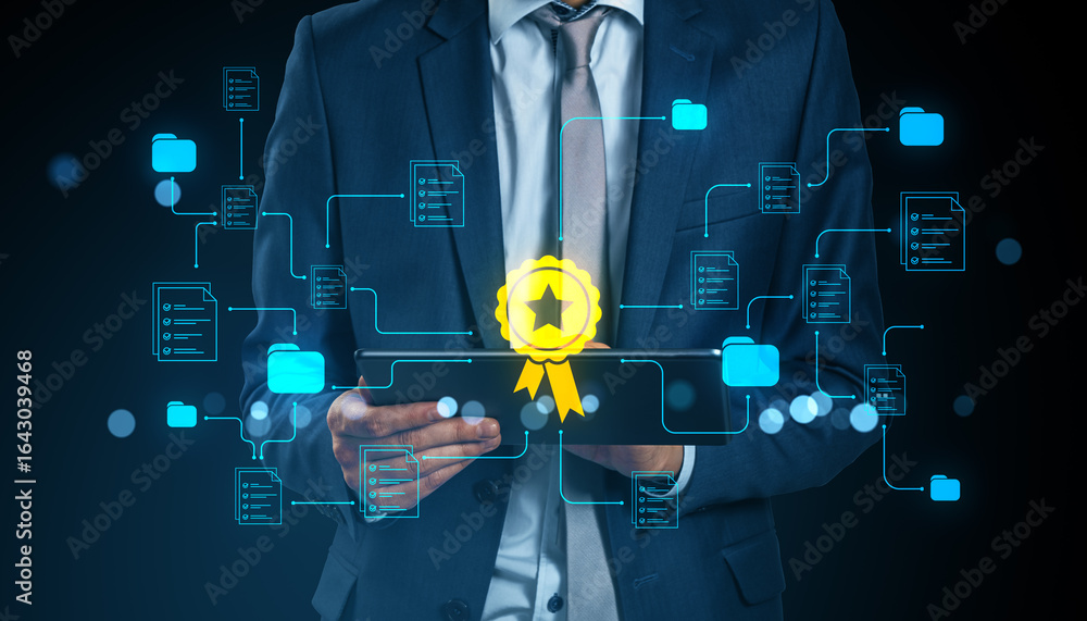 Poster businessman using tablet with digital certification stamp and connected document icons symbolizing d