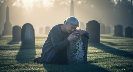 Elderly woman mourning at tombstone in cemetery on foggy morning