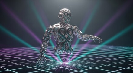 Futuristic chrome robot on grid with neon lights