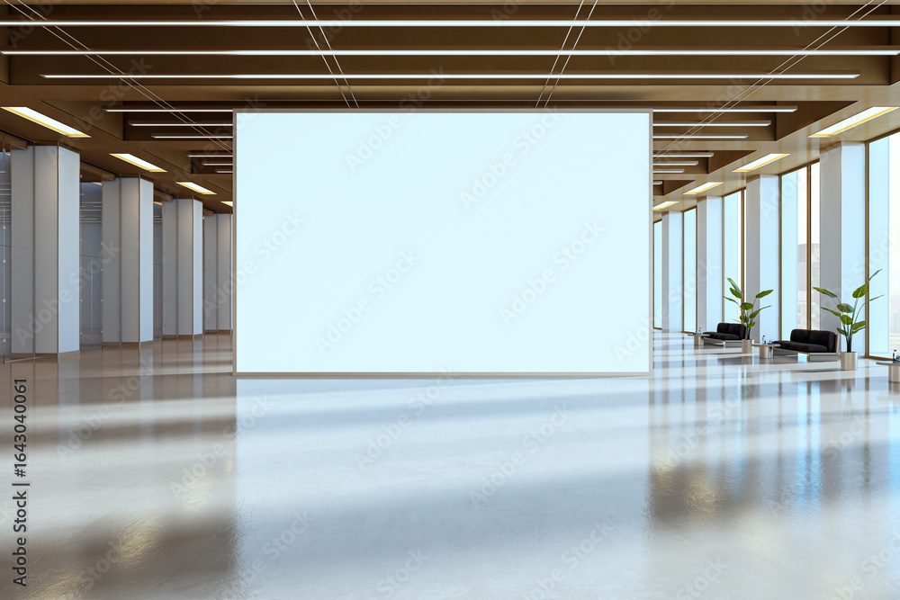 Poster blank billboard display in modern corporate lobby with large windows, clean design, and spacious hal