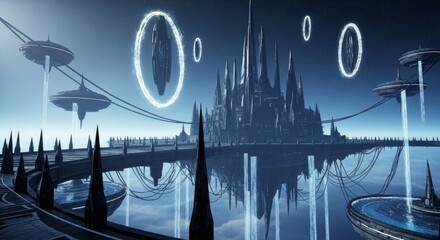 Futuristic cityscape with glowing portals and waterfalls