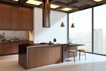 Modern luxury kitchen interior with city view, large windows, sleek cabinets, island counter, and stylish lighting at sunrise. 3D Rendering