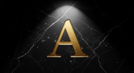 Golden letter a on black marble under spotlight