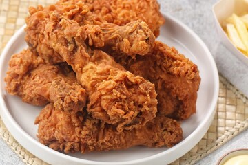 Crispy fried chicken is a dish made from pieces of chicken that have been coated with flour or a thin batter that is seasoned and fried, deep-fried, fried in a pressure fryer, or air-fried.
