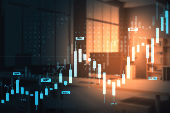 Financial candlestick chart with buy and sell indicators over modern office background and digital world map in double exposure style concept.