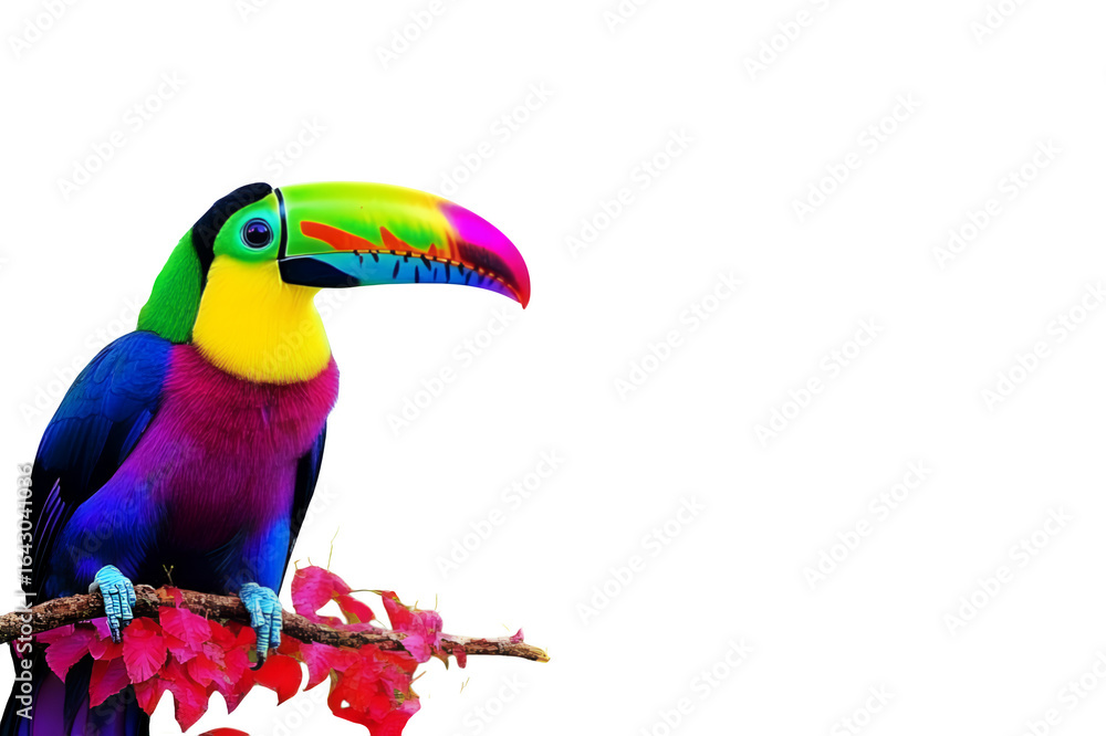 Poster vibrant colorful toucan bird perched on a branch with red leaves isolated on transparent background