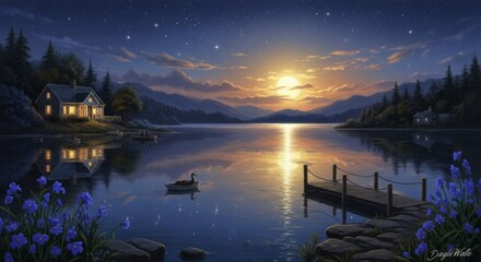 Lakeside cabin at night with moon reflection