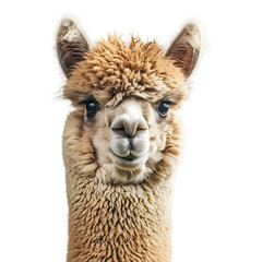 Obraz premium Close-up of a fluffy alpaca with a friendly expression, set against a plain background, ideal for animal photography
