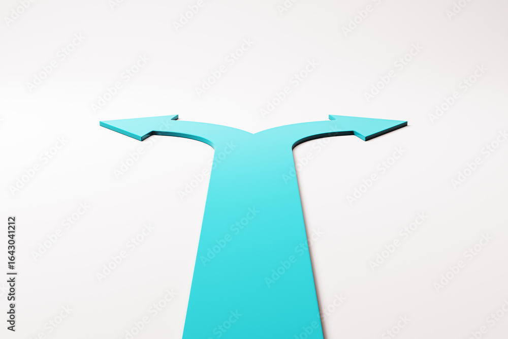 Poster abstract blue split arrow symbolizing a decision point or business strategy path on white gradient b