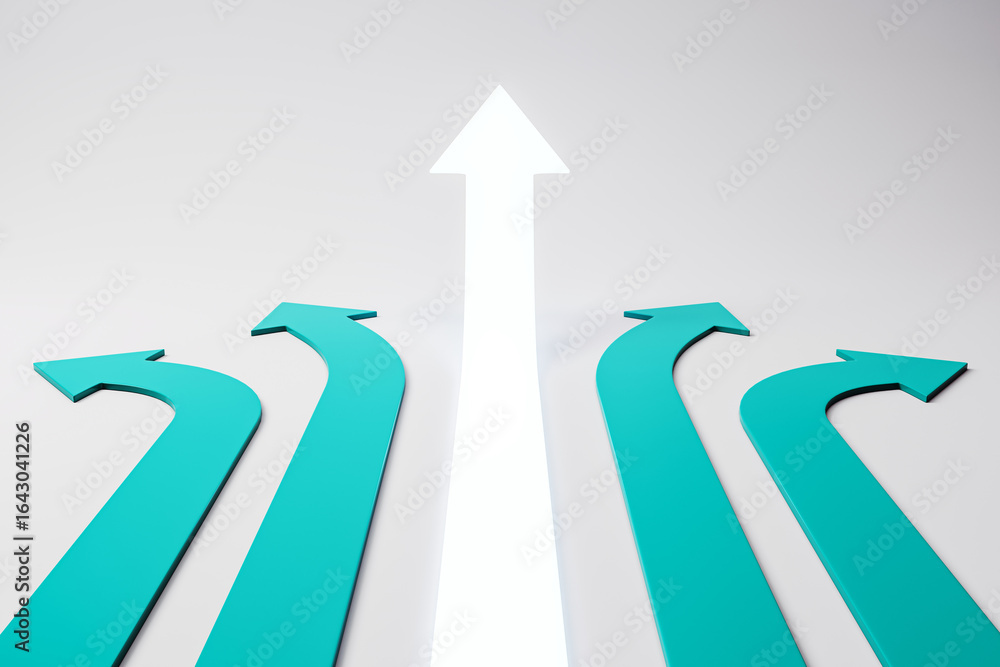 Poster multiple teal arrows curving outward with one bright white arrow pointing straight upward on a gradi