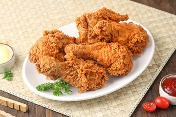 Crispy fried chicken is a dish made from pieces of chicken that have been coated with flour or a thin batter that is seasoned and fried, deep-fried, fried in a pressure fryer, or air-fried.
