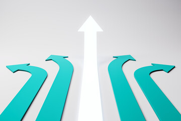 Multiple teal arrows curving outward with one bright white arrow pointing straight upward on a gradient background symbolizing strategy and success. 3D Rendering