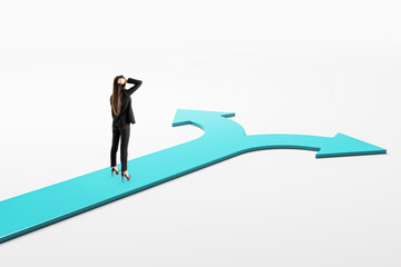 Businesswoman standing at a forked road with arrows choosing between two paths representing decision, doubt, and strategic career direction.