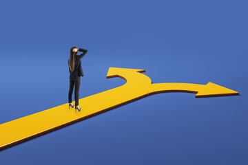 Businesswoman facing two-way yellow arrow path on blue background, symbolizing choice, decision, and career strategy dilemma concept.