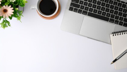 White desk with laptop, blank notepad, flower, coffee cup, and pen flat lay on white background with copy space, perfect for workspace design, productivity concepts, business presentations