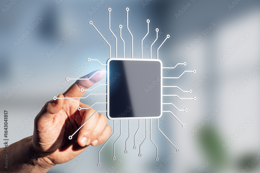 Poster human hand interacting with digital microchip interface on blurred light background, symbolizing mod