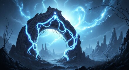 Mystical stone archway with glowing energy in fantasy landscape