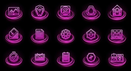 Neon icons collection glowing pink on black background