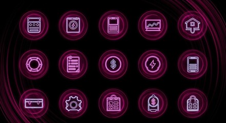 Neon icons set on black background