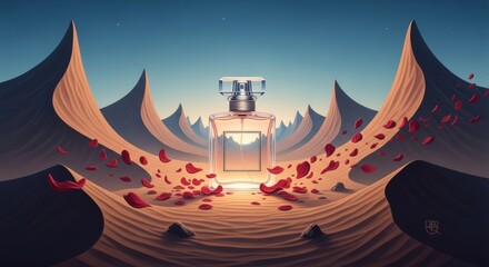 Perfume bottle with rose petals in desert landscape