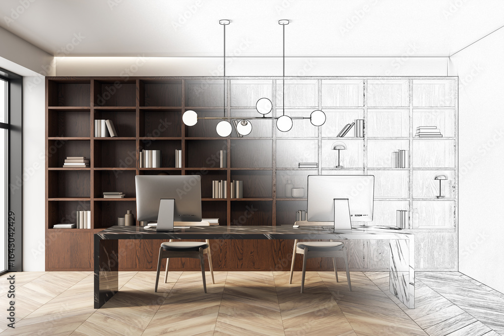 Poster modern office interior with half-rendered contemporary desk, computers, and bookshelf transitioning 