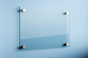 Transparent glass signage mockup with metallic bolts on a clean blue wall background, ideal for...