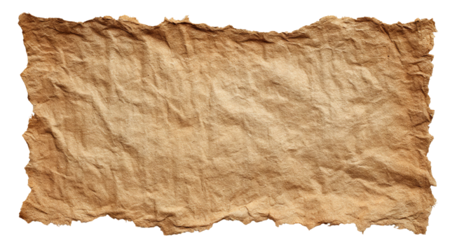 Vintage aged parchment paper with rough torn edges — distressed antique sheet isolated on transparent background, high-resolution PNG cutout for historical documents, scrapbooking, crafts