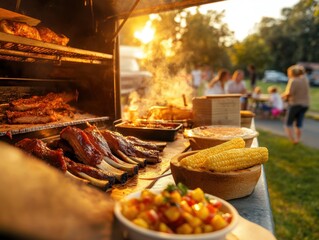 Barbecue dinner preparation at sunset in a park with friends and family enjoying an outdoor feast