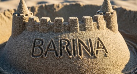 Sandcastle with the name barina carved into the front