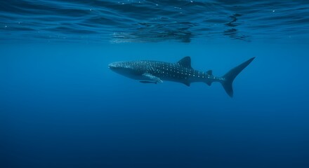 Naklejka premium A majestic whale shark swims peacefully in the deep blue ocean, a serene underwater wildlife scene.