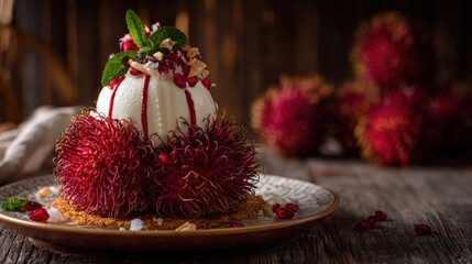 Delicious Rambutan and Pomegranate Dessert a Creamy White Mousse Dome garnished with fresh mint and crunchy coconut