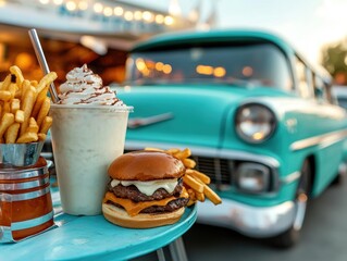 Classic diner experience with a burger, shake, and fries next to a vintage car at sunset