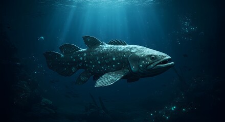 Fototapeta premium A solitary Coelacanth, an ancient living fossil, swims through the deep ocean illuminated by ethereal light rays from above.