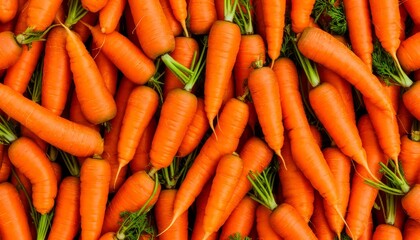 Fresh orange carrots seamless background pattern with green tops creating colorful, nutritious backdrop highlighting wholesome produce and vegetarian dietary choices