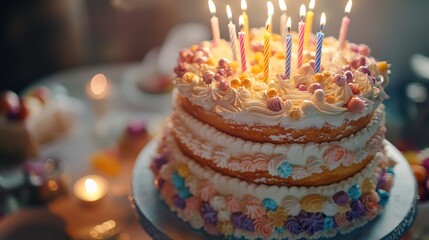 Multi-tiered cake adorned with colorful decorations and candles.